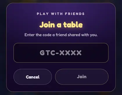 The Join a table screen: enter the code a friend shared with you