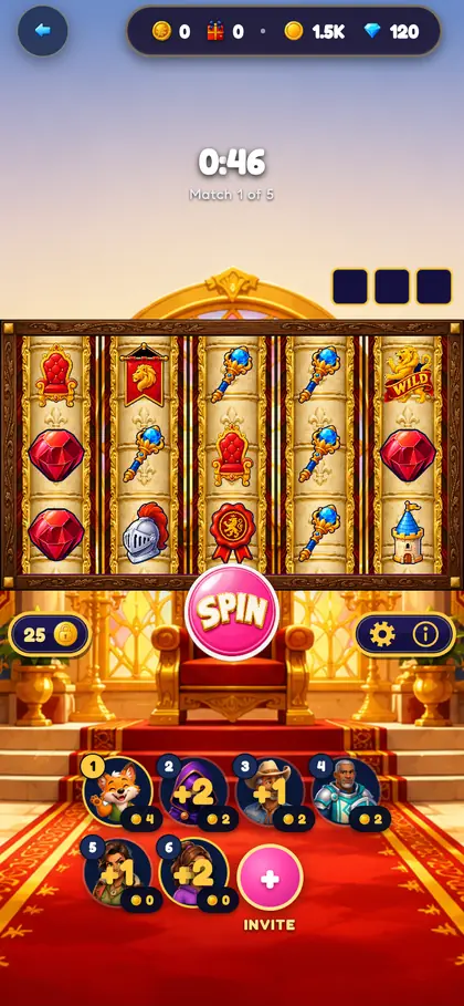 A Goodtime Casino table: six players' seats under the reels, a match timer and an Invite button
