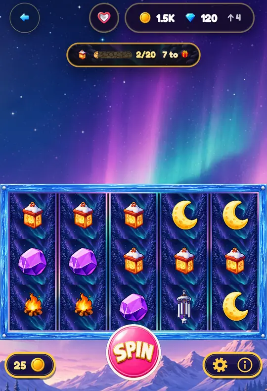 Aurora in Goodtime Casino: the reels, the SPIN button and your coin balance