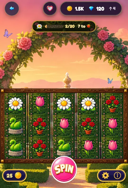 Castle Gardens in Goodtime Casino: the reels, the SPIN button and your coin balance
