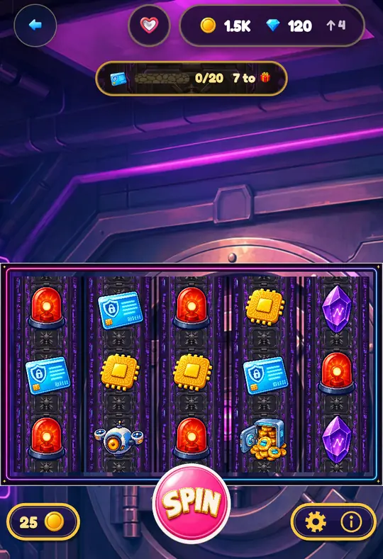Cyber Heist in Goodtime Casino: the reels, the SPIN button and your coin balance