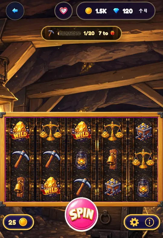 Gold Mine in Goodtime Casino: the reels, the SPIN button and your coin balance