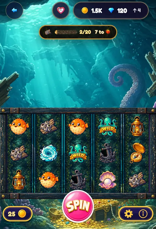 Kraken's Lair in Goodtime Casino: the reels, the SPIN button and your coin balance