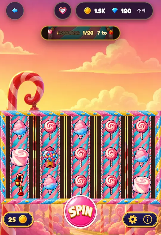 Lollipop Lane in Goodtime Casino: the reels, the SPIN button and your coin balance