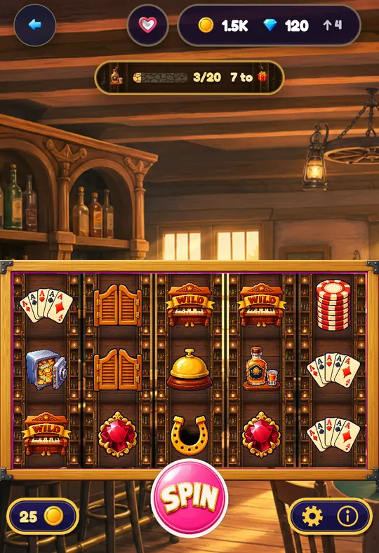 Saloon in Goodtime Casino: the reels, the SPIN button and your coin balance