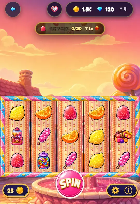 Sherbet Square in Goodtime Casino: the reels, the SPIN button and your coin balance