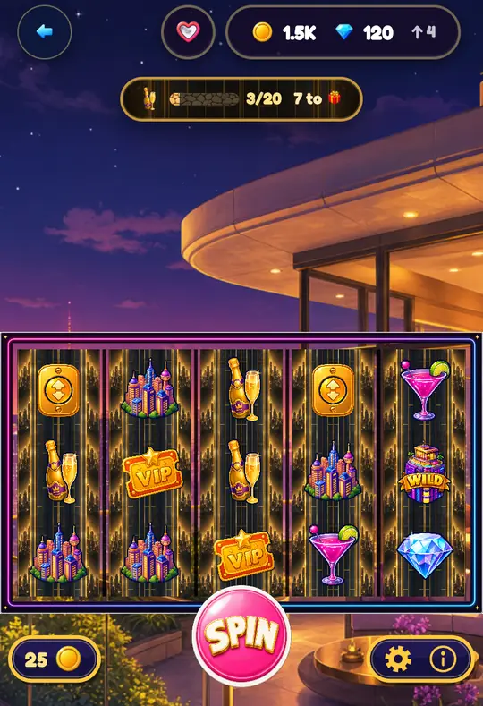 Skyline in Goodtime Casino: the reels, the SPIN button and your coin balance
