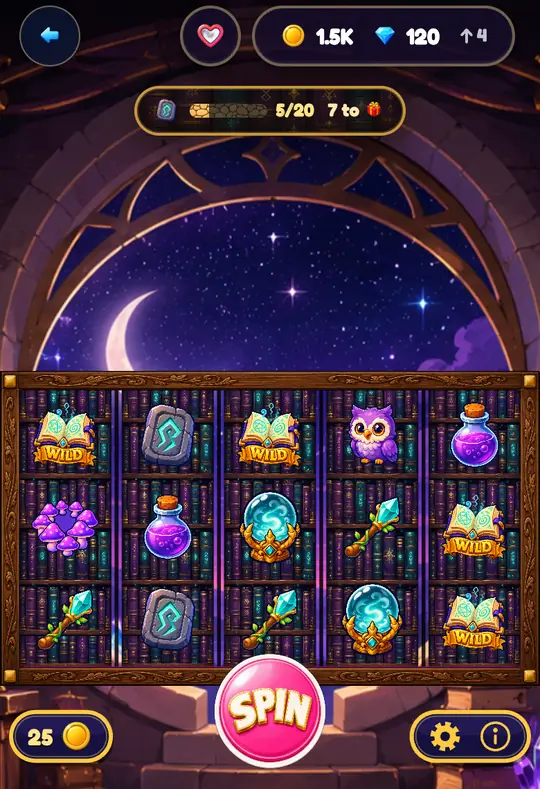 Wizard's Tower in Goodtime Casino: the reels, the SPIN button and your coin balance